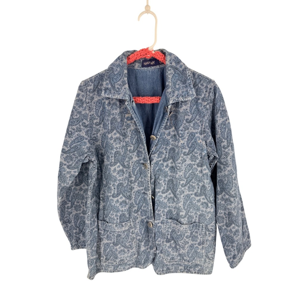 Krazy Kat Reversible Denim Jacket Blue Paisley Size S Boho Chore Coat Cotton - Picture 10 of 10
